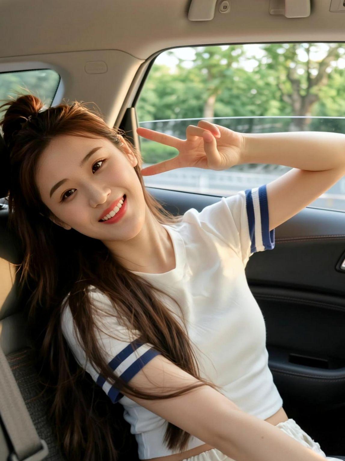 阳光洒在车窗上，映出斑驳的光影，仿佛时间在这里放慢了脚步。车内的她，笑容灿烂，仿