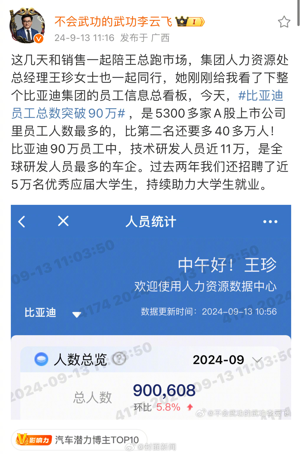 #比亚迪员工总数突破90万#承担更多社会责任，解决更多就业！ ​​​