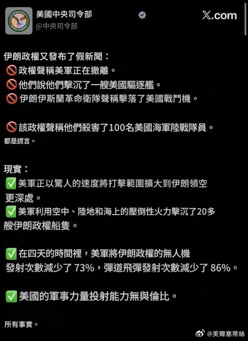 美國中央司令部駁斥了伊朗散布的虛假信息。 