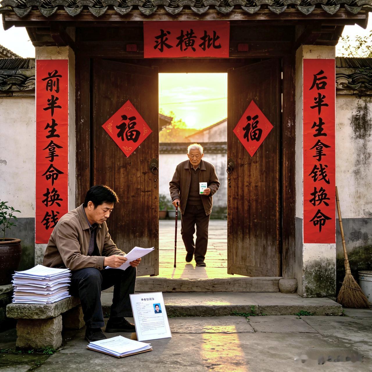 上联：前半生拿命换钱，
下联：后半生拿钱换命。
 
这副联道尽生活的无奈与循环，