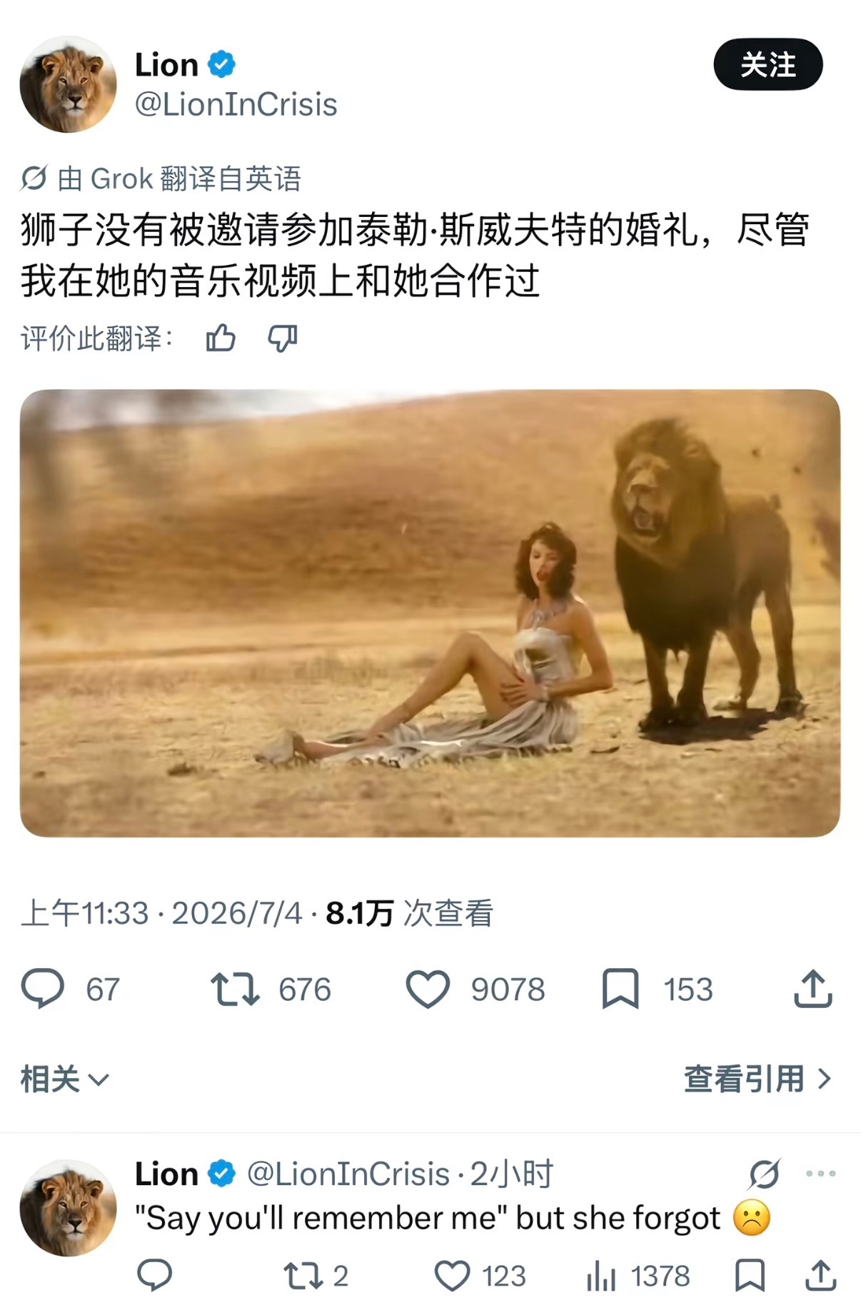 狮子没有被邀请参加泰勒•斯威夫特的婚礼，尽管我在她的音乐视频上和她合作过。 