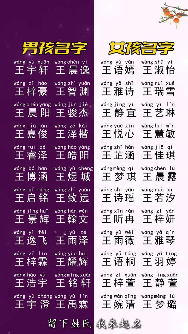 女孩名字。
男孩名字：王宇轩、王晨逸、王语嫣、王淑怡、王梓豪、王智渊、王雅诗、王