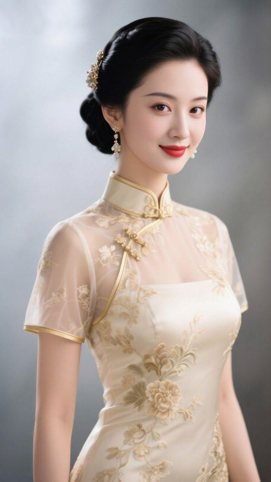 《素袍载满东方柔》
 
米金旗袍裹着轻柔光色，纱袖绣纹浸着月光般的恬淡，发间钗饰