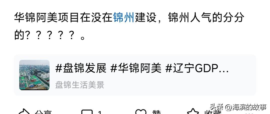 锦州人会嫉妒盘锦的阿美项目？这位网友的格局小了，这么说吧，在辽宁阿美项目只能落户