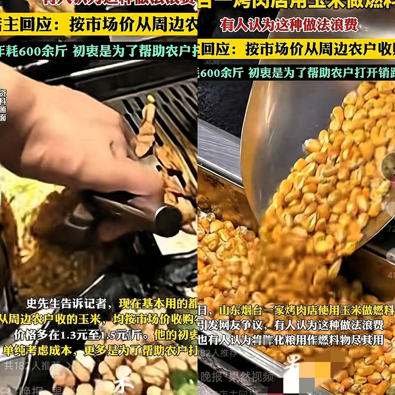 烟台烤肉店用玉米当燃料？刚刷到这消息我还纳闷：这不是浪费粮食吗？

结果店主一句