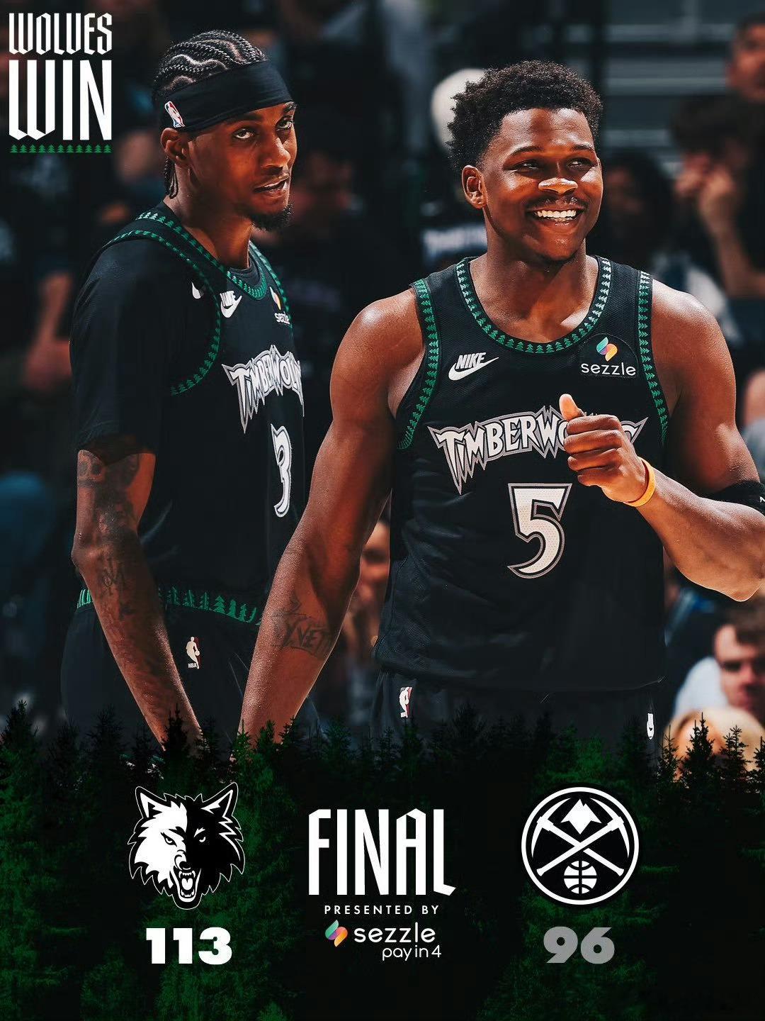 森林狼2比1掘金 NBA季后赛，森林狼主场113-96战胜掘金，大比分来到2-1