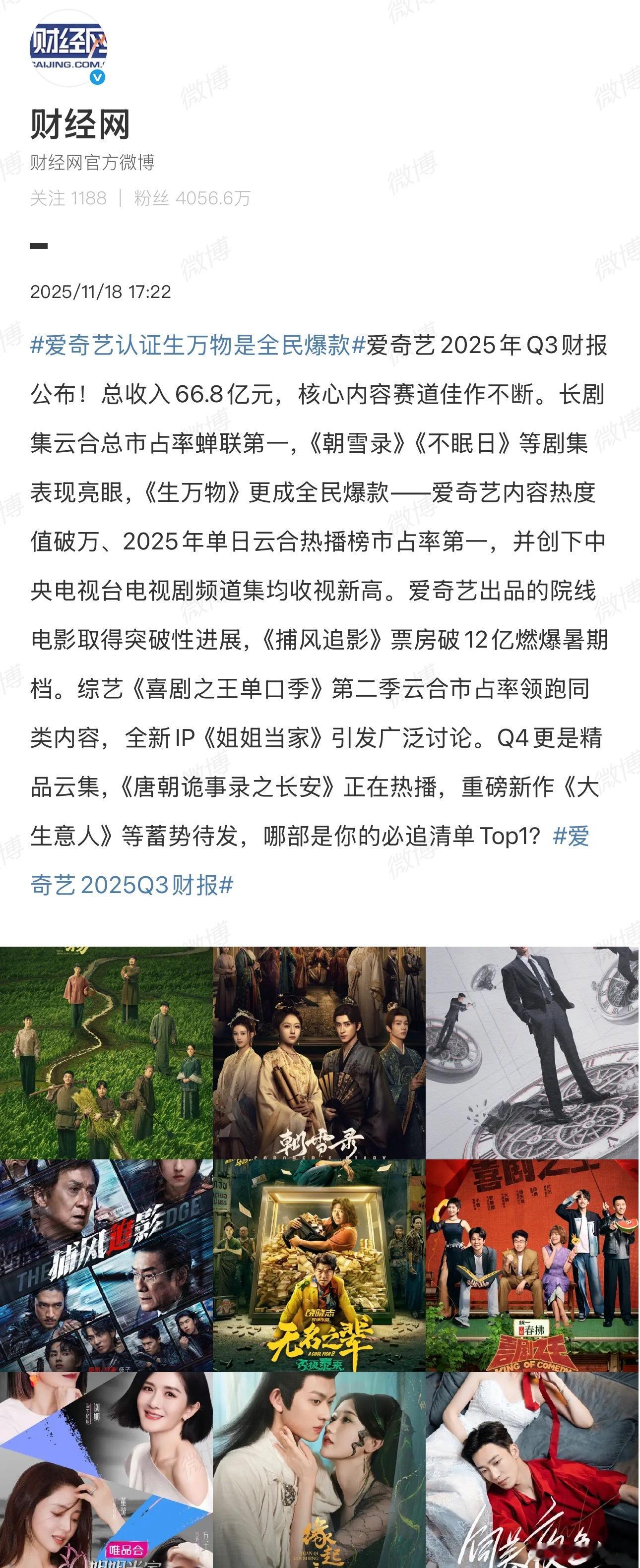 爱奇艺财报出来了！三季度同比扭赢为亏，环比亏损扩大86.2%。财报认证《朝雪录》