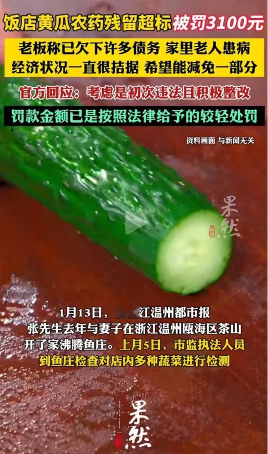 因为后厨几根黄瓜的农药残留，浙江温州开饭店的张先生被罚款3100元。
 
这突如