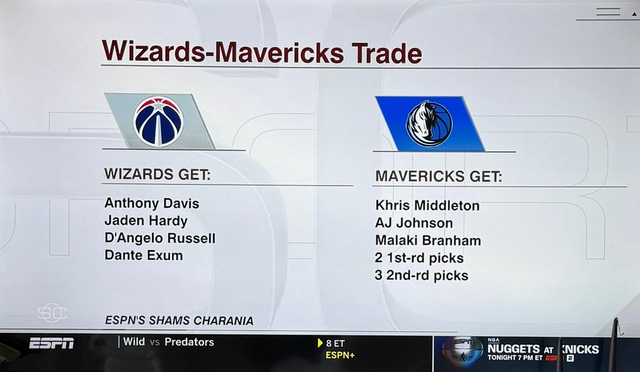 独行侠奇才交易重磅！据shams报道，独行侠将把浓眉、杰登·哈迪、拉塞尔和埃克萨