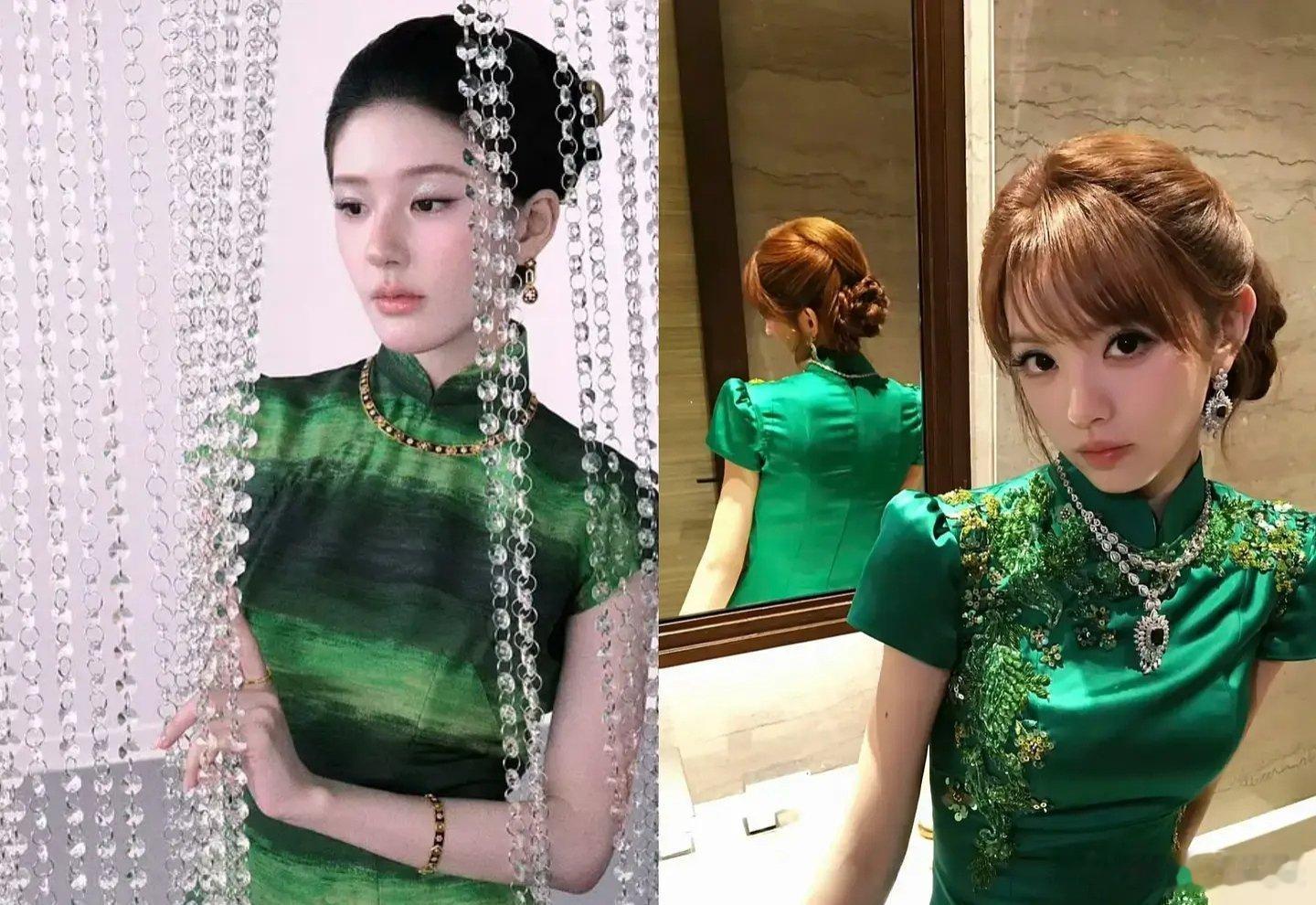 赵露思VS田曦薇,同样都是绿色旗袍造型，哪位95花颜值更养眼😉 ​？ ​​​