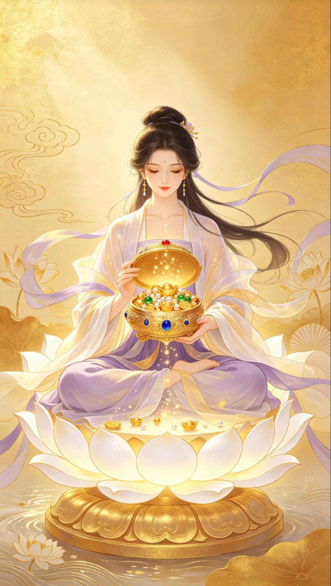 莲座仙子手捧聚宝盆，金玉财宝似泉流洒落。接住这绵延的吉兆，让富足温暖岁月，欢欣汇