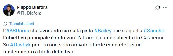 时报Biafora：罗马正在同时运作贝利+桑乔两笔交易，当前主要目标就是加强锋线