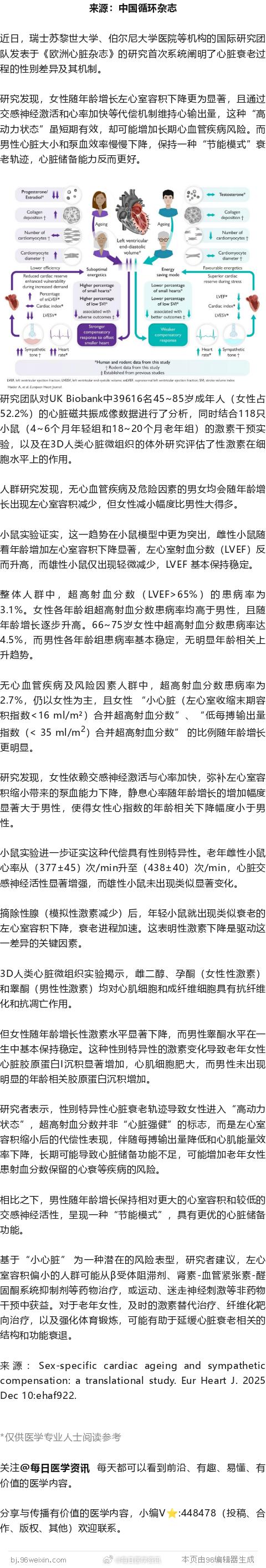 男女心脏衰老大不同：女性靠“心率提速”代偿，男性保持“节能模式”，欧洲心脏杂志的
