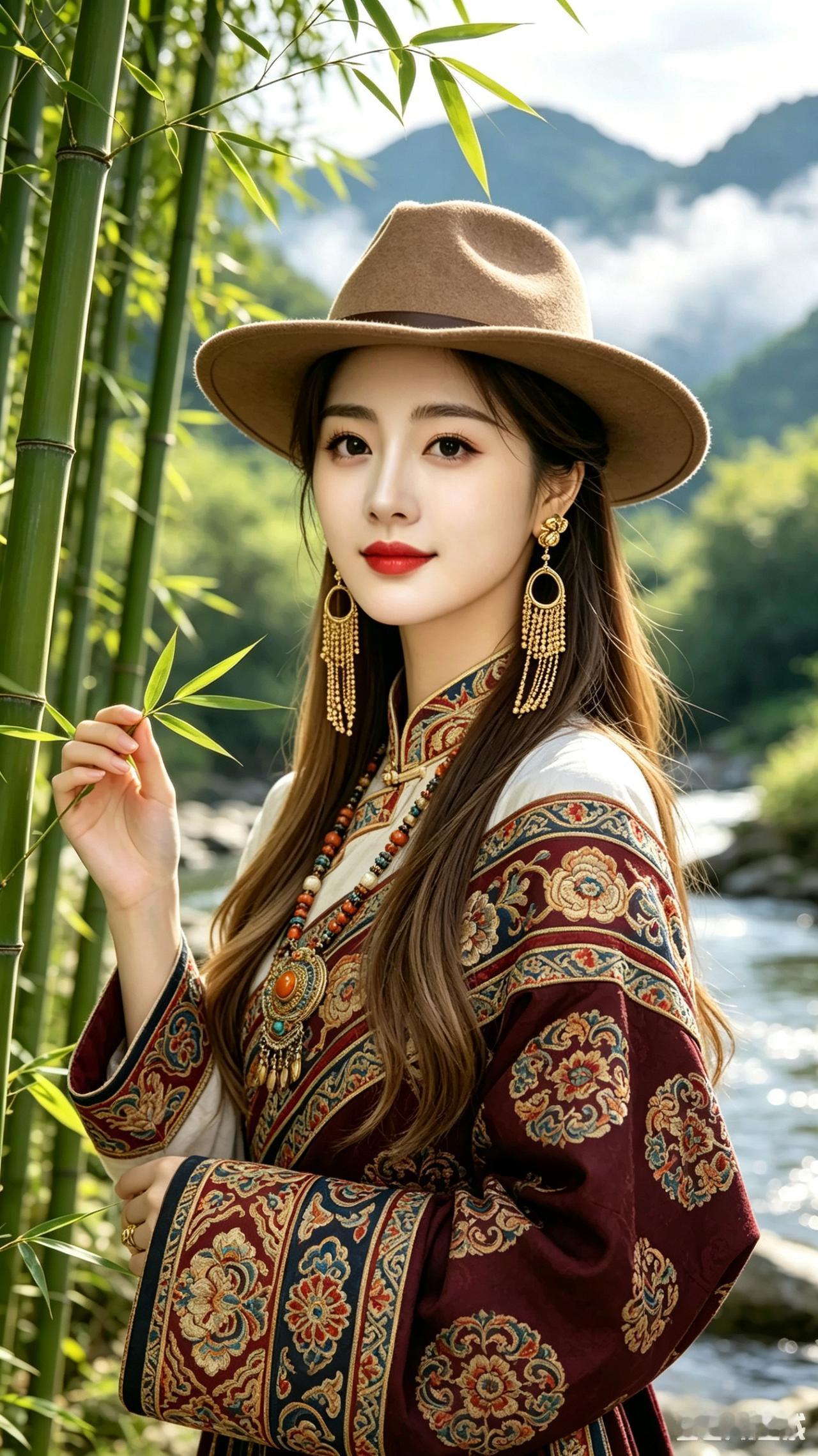 藏族少女头戴厚实传统毡帽，身着绣满特色纹样的精美藏袍，颈间佩戴藏式宝石项链，耳畔