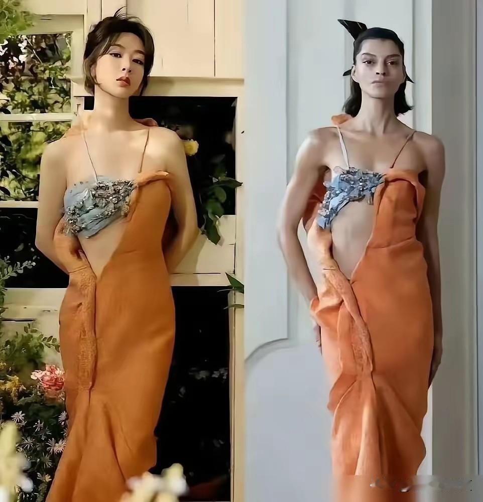杨紫百花奖那套金色珠帘裙，生图一出，网友火眼金睛发现胸口多了层内衬。原版深V开到