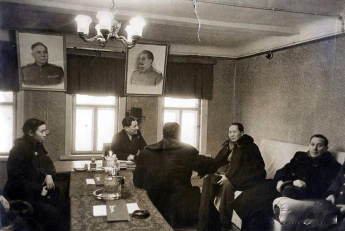 1949年，毛主席访苏期间参观“伊里奇之约”集体农庄。孙维世坐在一旁担任翻译。毛