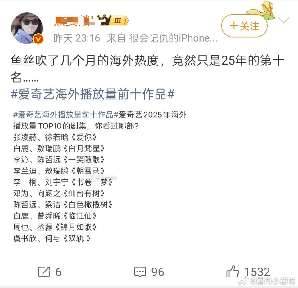 圈内小话虞书欣粉丝一直在吹海外热度，竟然只是第十名吗？差点掉出榜单。 