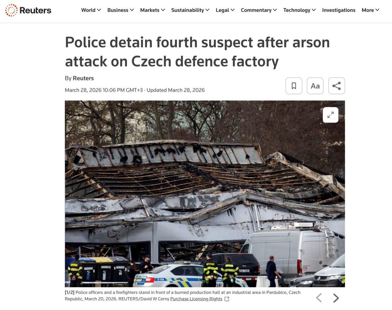 据路透社消息，捷克警方在与以色列军工企业Elbit Systems合作的国防工厂