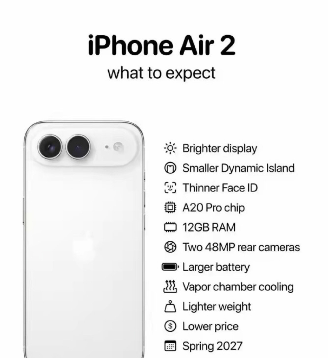 iPhoneAir2补齐三大短板如果iPhone Air 2真能把影像、续航、散