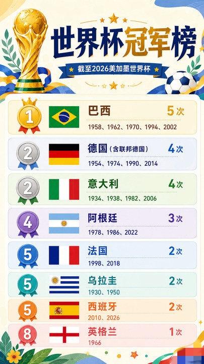 一张图看懂世界杯冠军榜单，足坛王朝一目了然
 
一张汇总至2026美加墨世界杯的