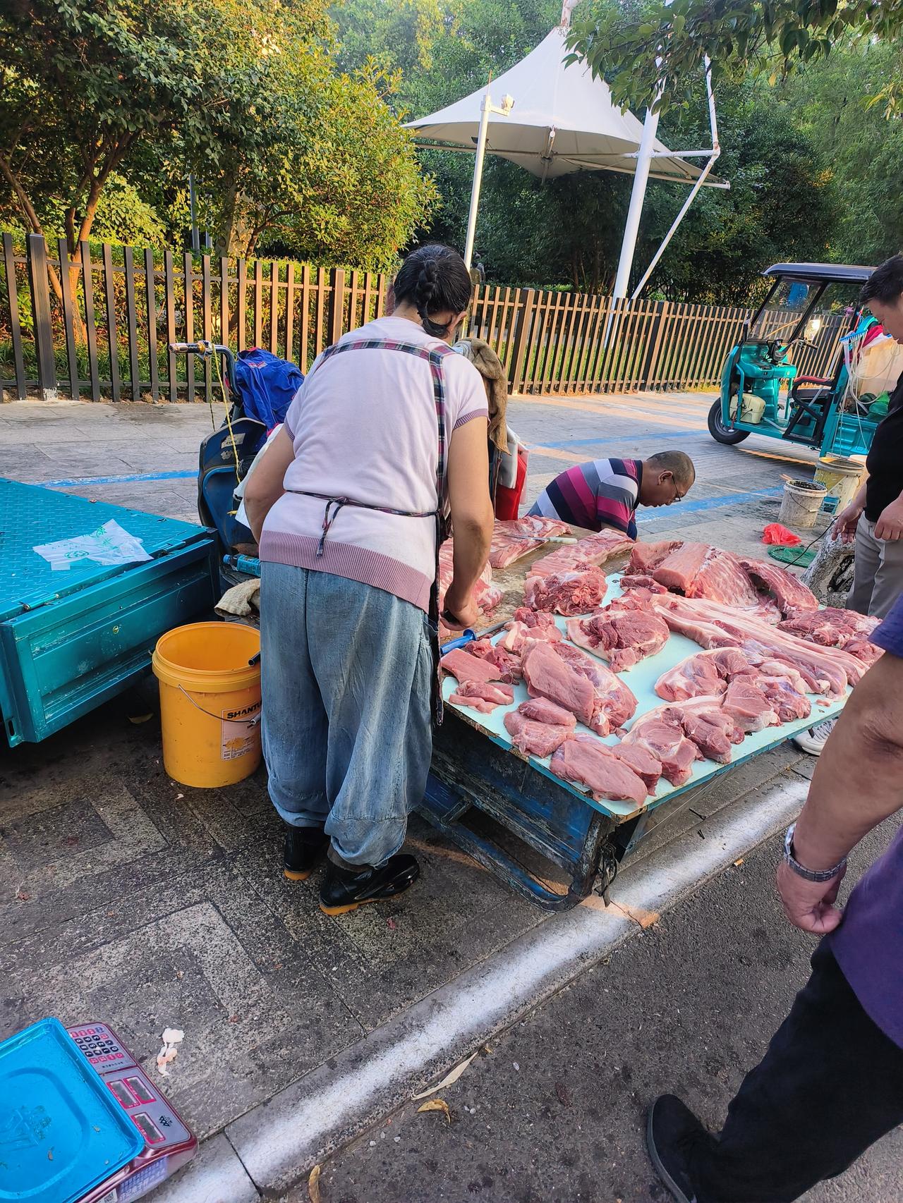 田家庵龙湖公园早市上，卖肉摊点上的肉，叫卖6.5一斤，我以为听错了，又听了一遍，