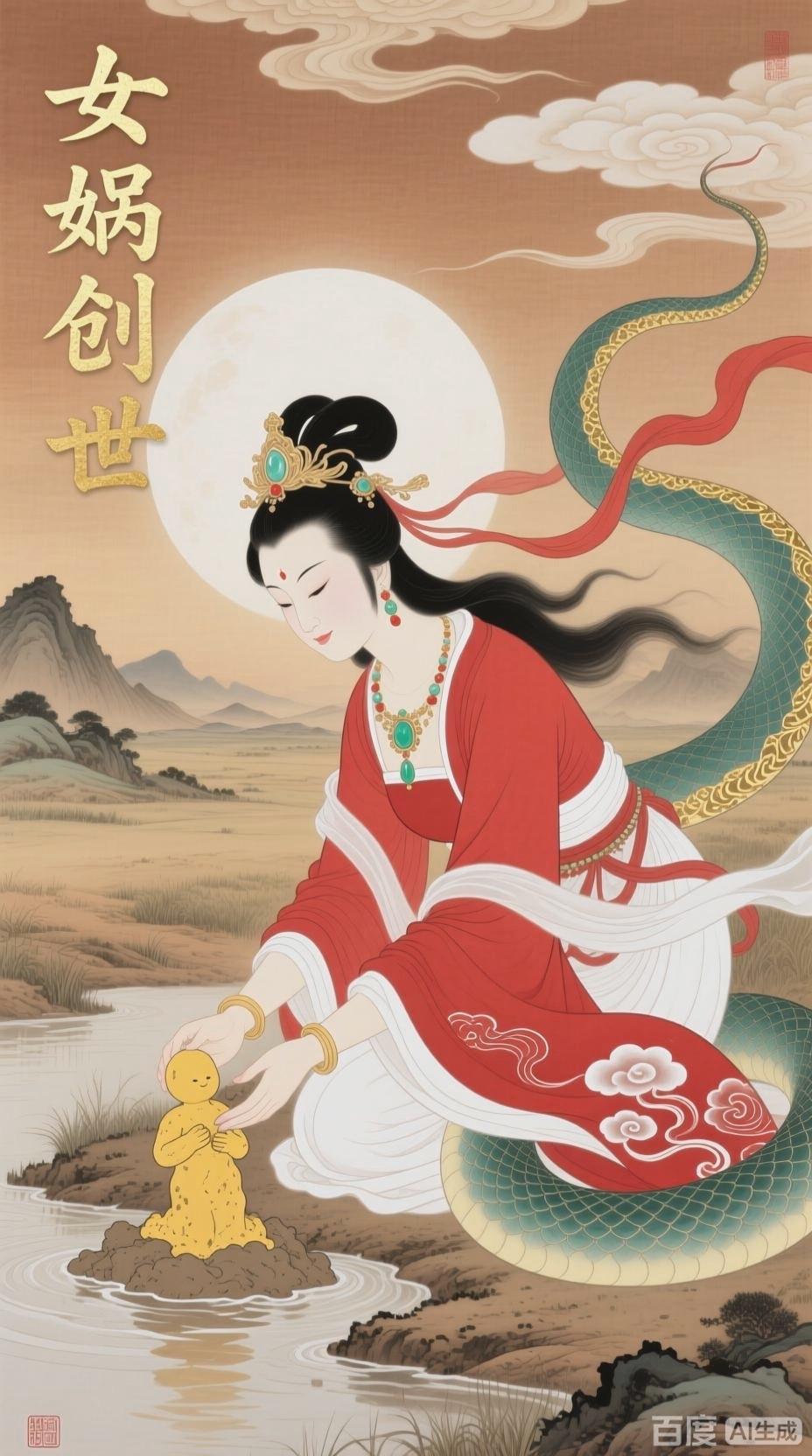 女娲是华夏文明最古老的创世母神，抟土造人赋予生命，炼石补天拯救苍生。她以慈悲为骨