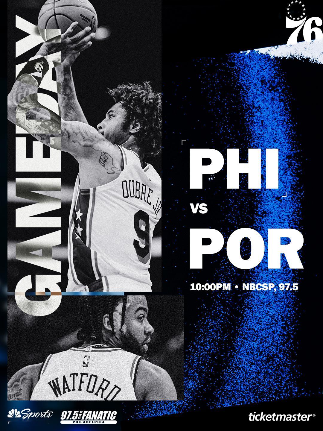 常规赛第53场：76人vs开拓者首发阵容名单：马克西、埃奇库姆、乌布雷沃特福德、