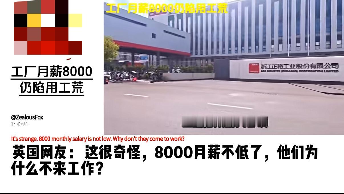 外网热议：中国工厂8000元月工资为什么招不到人？

外网有一个视频，说中国有一