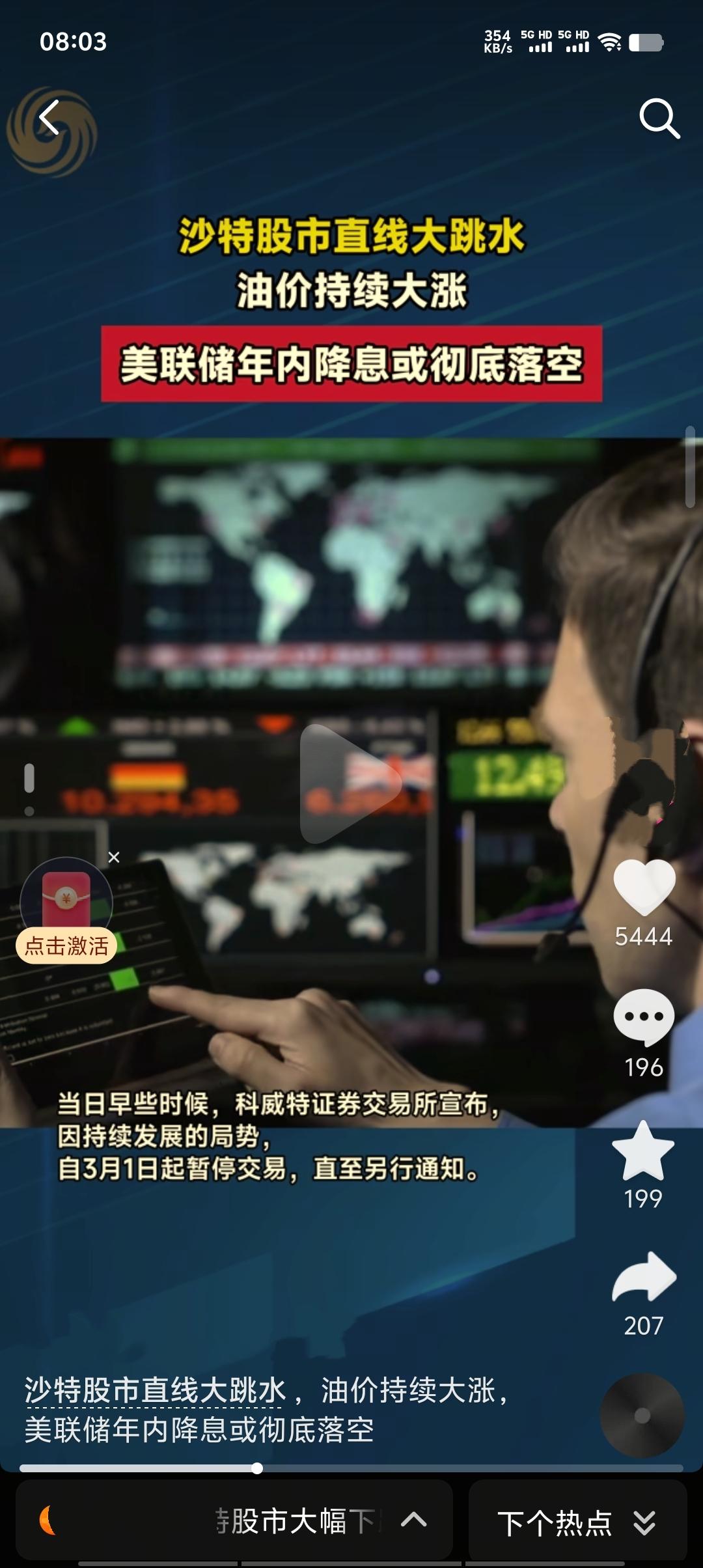 北京时间2月28日美以袭击伊朗后，3月1日沙特股市大幅震荡，沙特证交所全股指数早