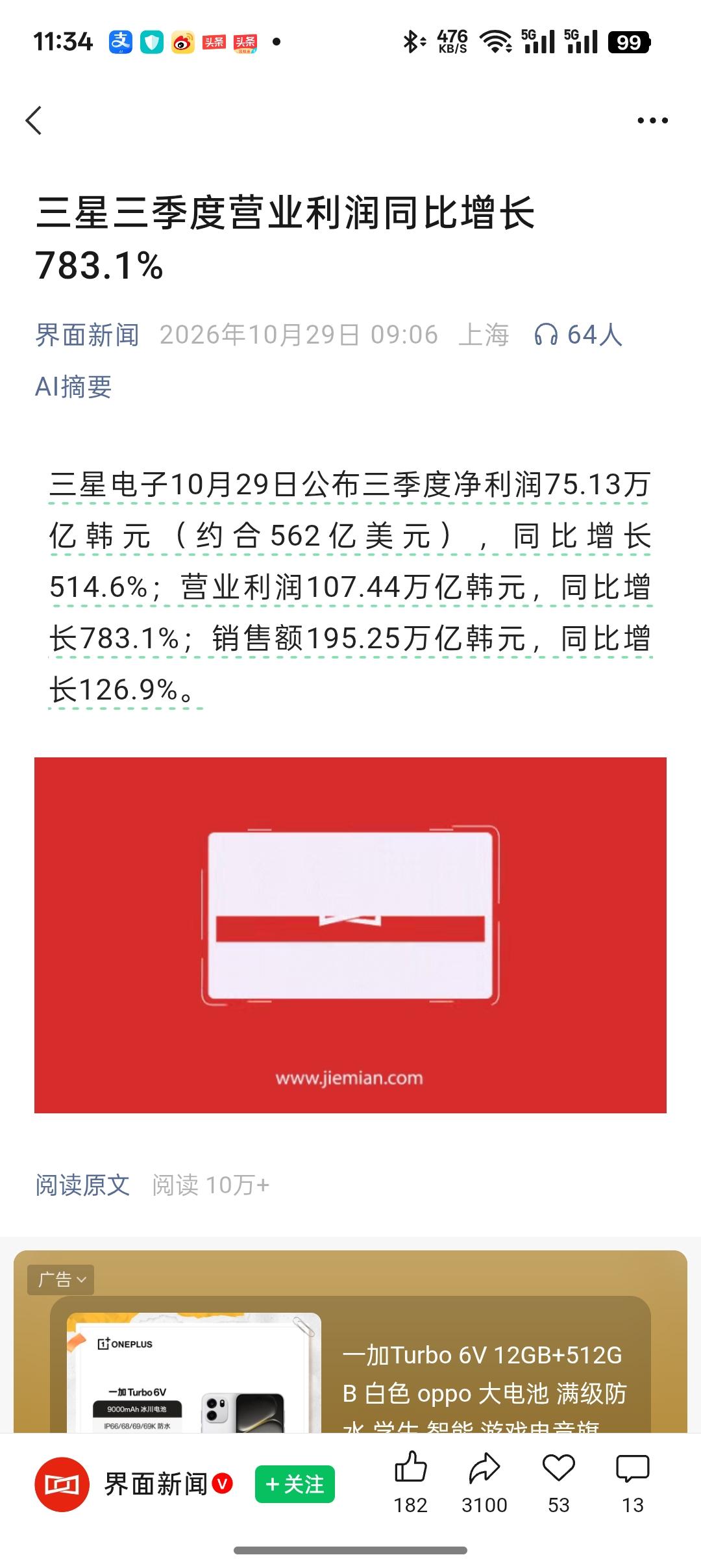 三星第三季度收入折合人民币约9762.5亿元，营业利润5372亿元，
净利润约3