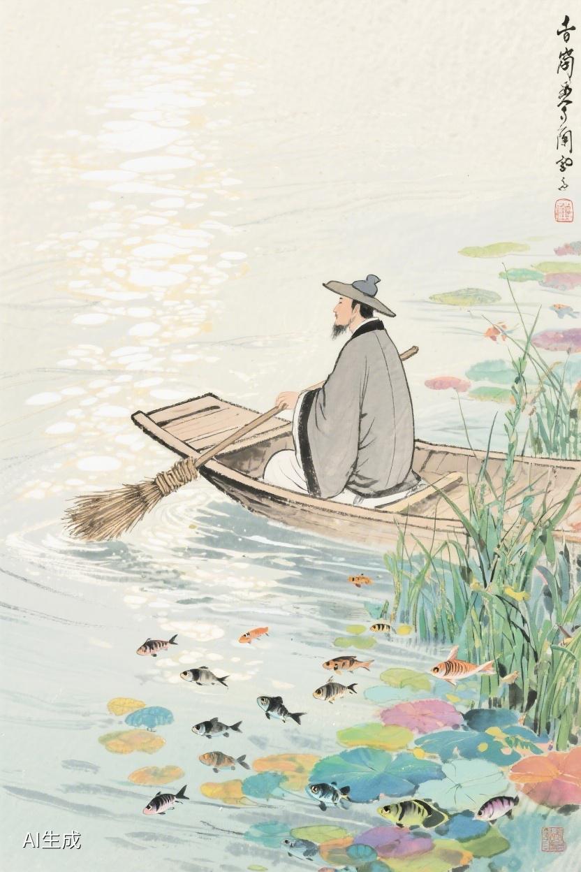 AI随心绘在斑斓水光里，小船轻漾，仿若岁月的诗笺，藏着无尽遐思与悠然。