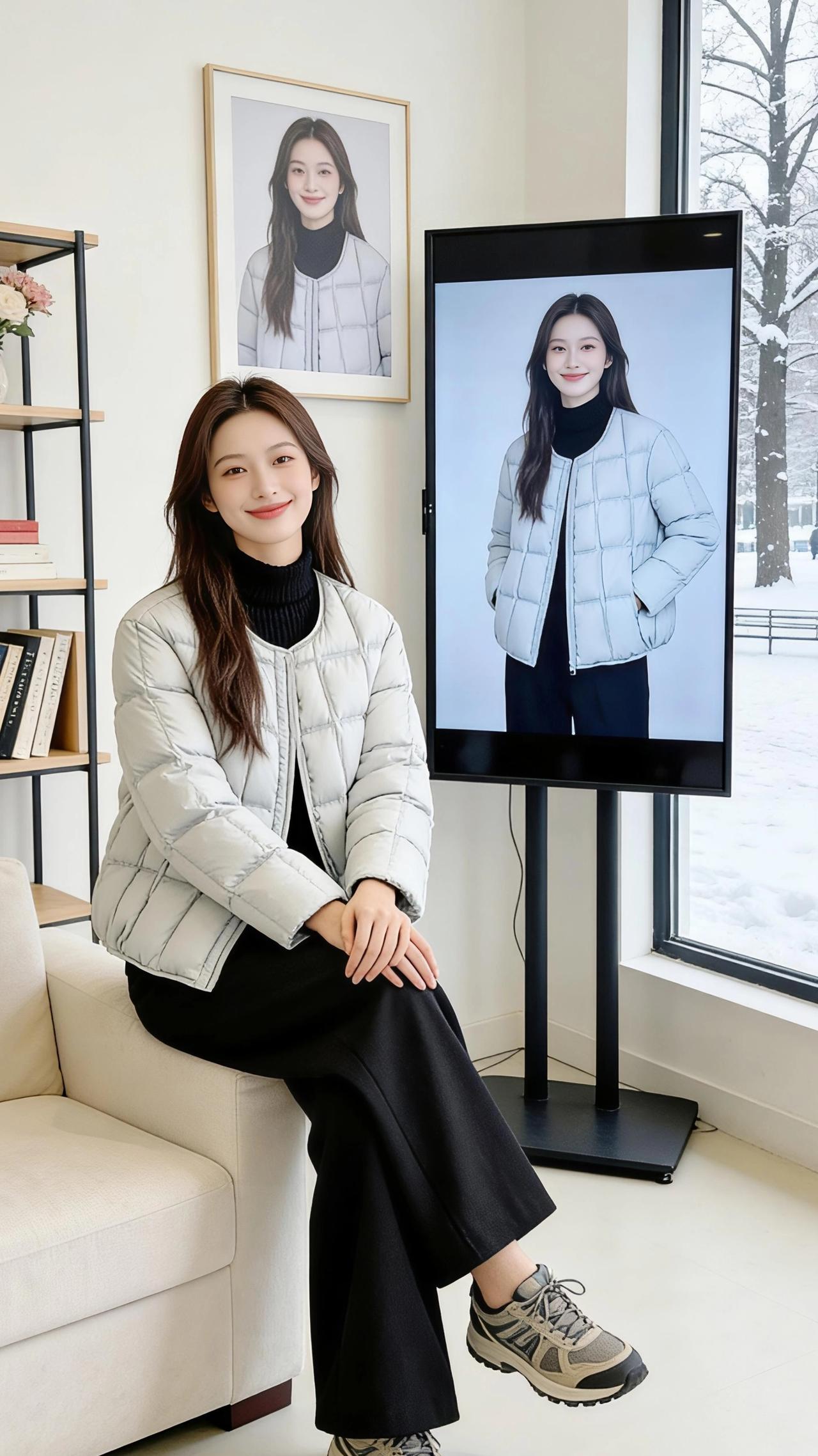 当冬雪在窗外的树桠上织起白绒，室内的暖光便成了温柔的容器——浅灰的薄绒外套裹着软