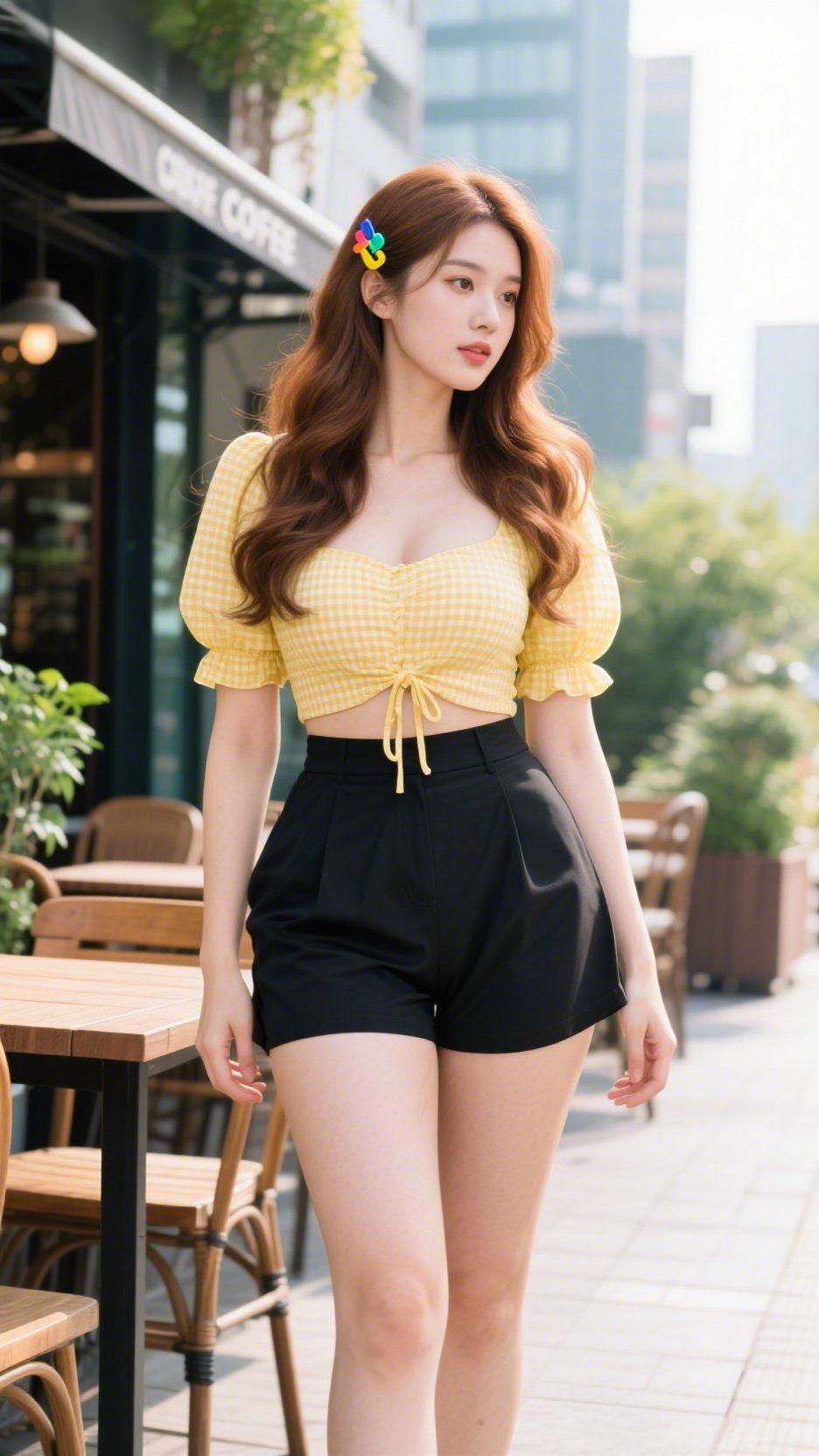 《街隅晴衫柔》
 
咖啡香漫过街角时，风裹着晴光轻撞在黄衫的泡泡袖上，像沾了半缕