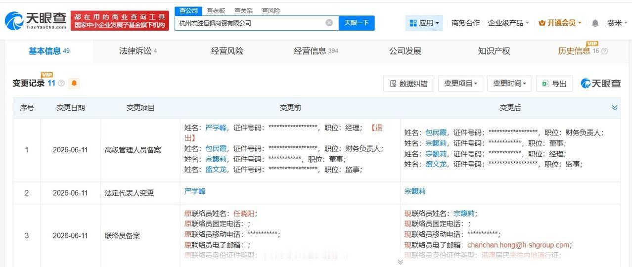 宗馥莉接任杭州宏胜恒枫法定代表人

天眼查 App 显示，近日，杭州宏胜恒枫商贸