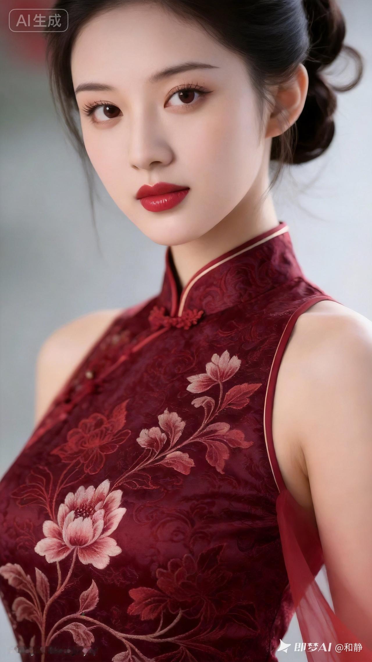 优雅红衣女子，复古旗袍韵味，尽显东方之美