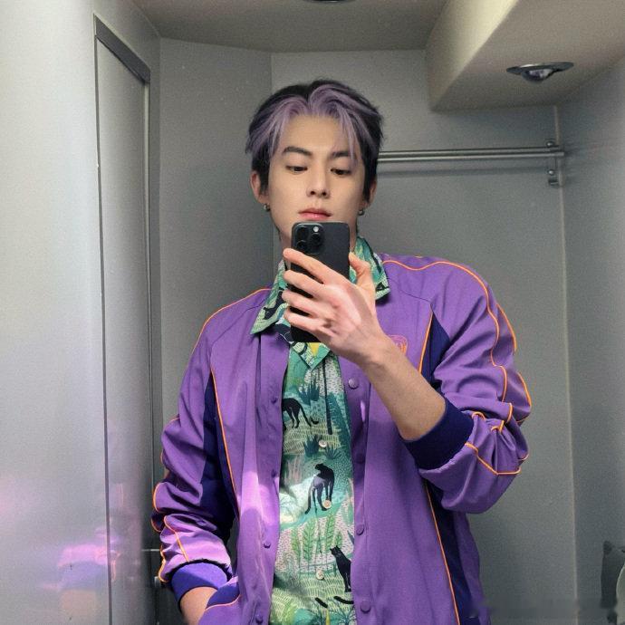 王鹤棣花里胡哨的对镜自拍王鹤棣紫发挑染 王鹤棣紫发挑染，王鹤棣花里胡哨的对镜自拍