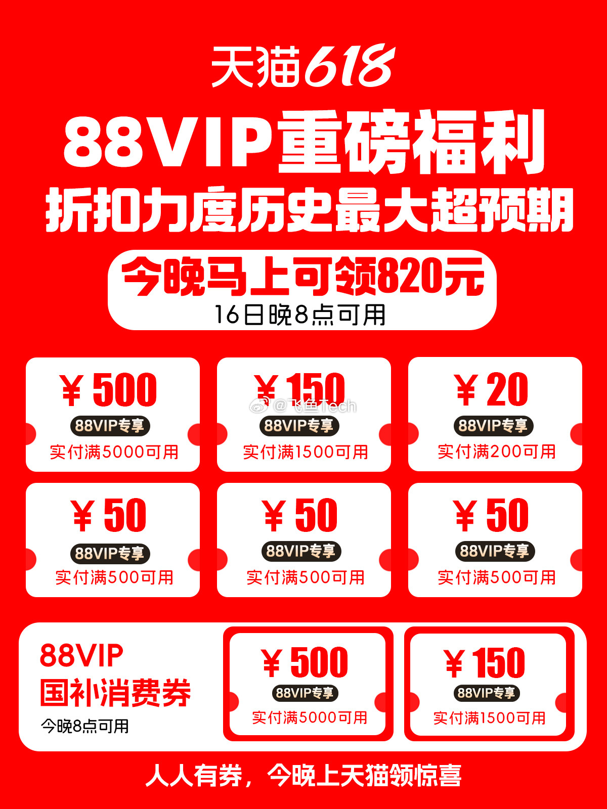 天猫618史上折扣最大消费券来了今年618可以说是诚意100%了，官方立减85折