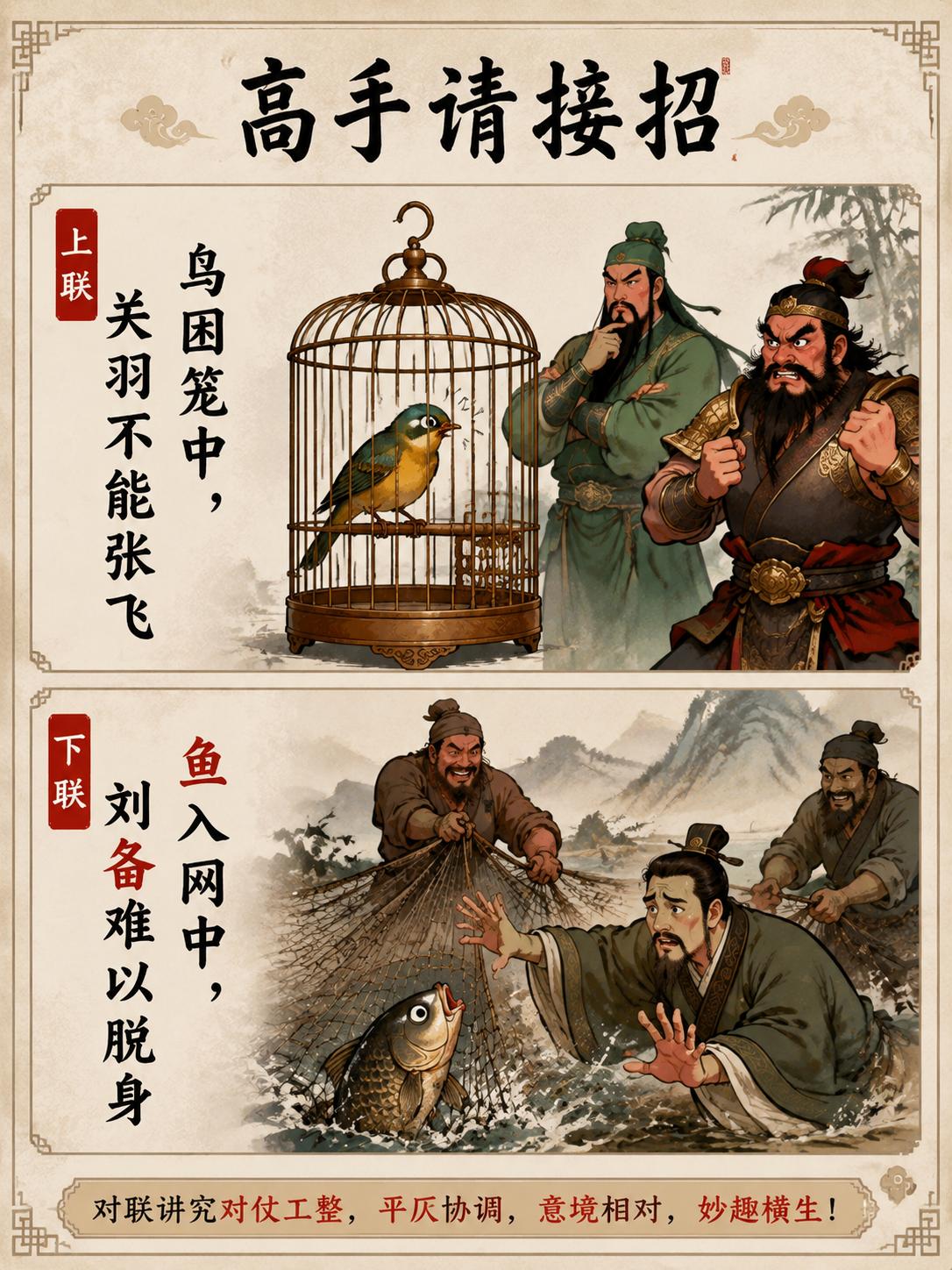 高手请接招，我出上联，你对下联。
上联：鸟困笼中，关羽不能张飞
下联：_____