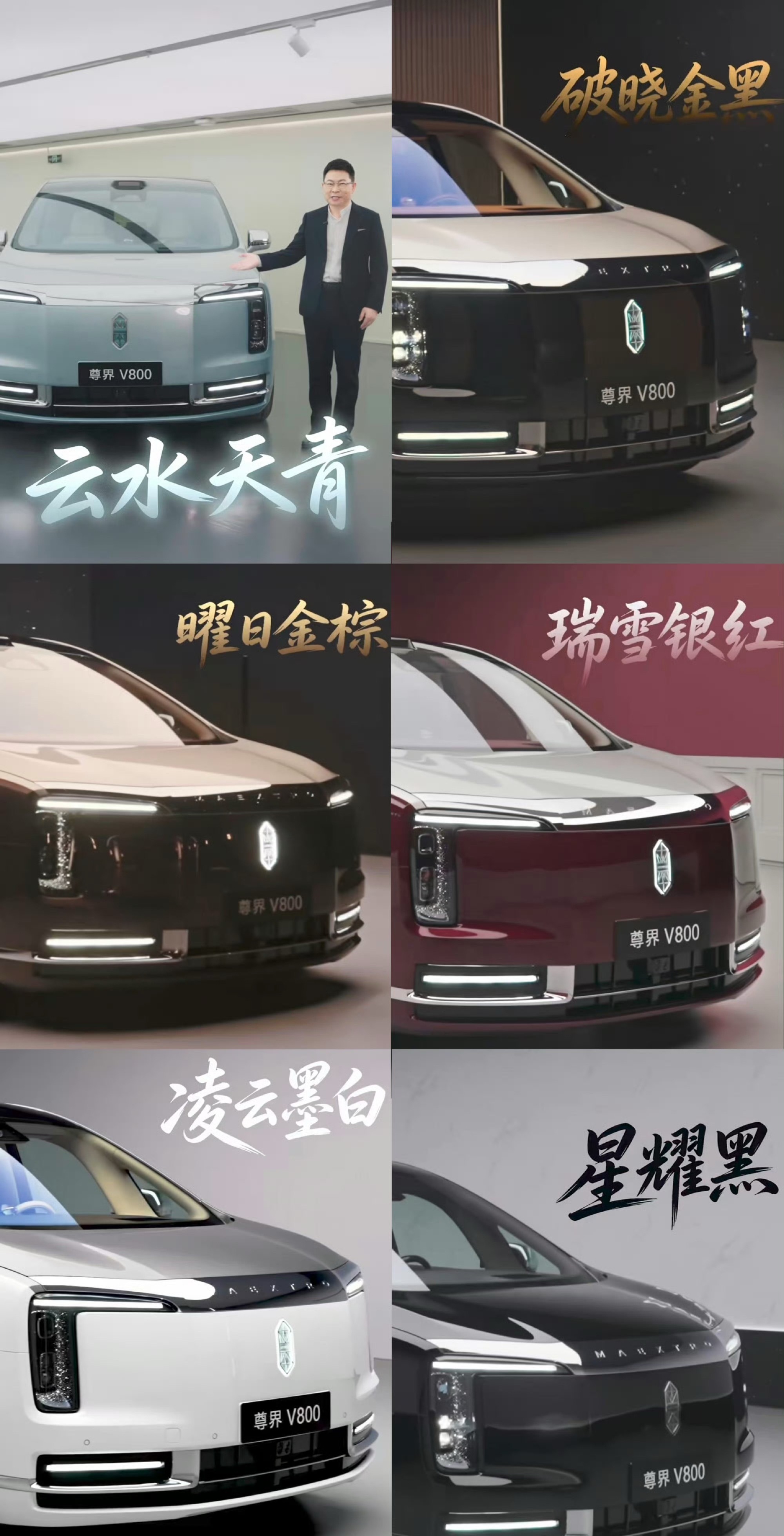 尊界V800一共有六种车身配色可选，云水天青是独一份的特殊配色，和其余几款常规色