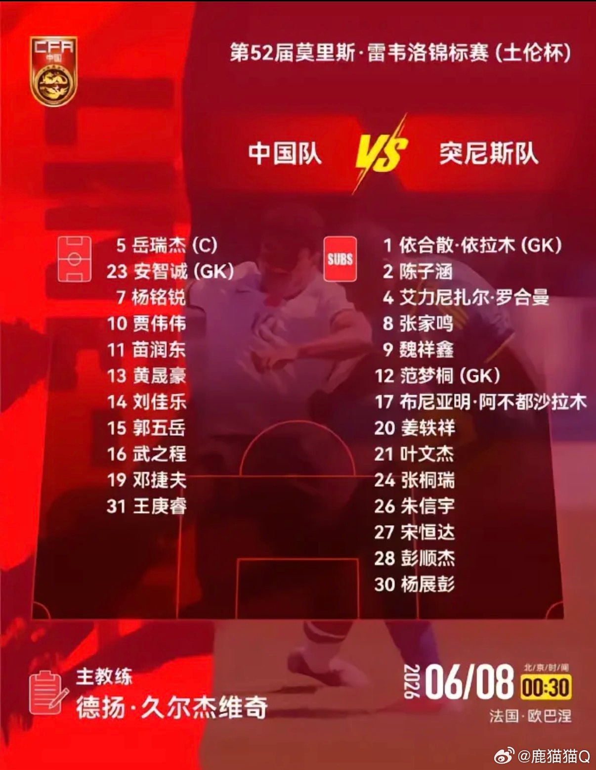 6月8日0:30，土伦杯小组赛第4轮，U19国青对阵突尼斯U23，赛前首发公布。