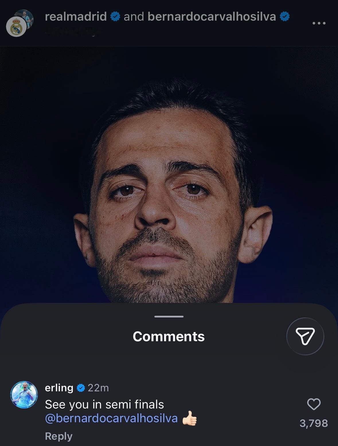 哈兰德回复B席：“半决赛见👍🏻”halamadrid