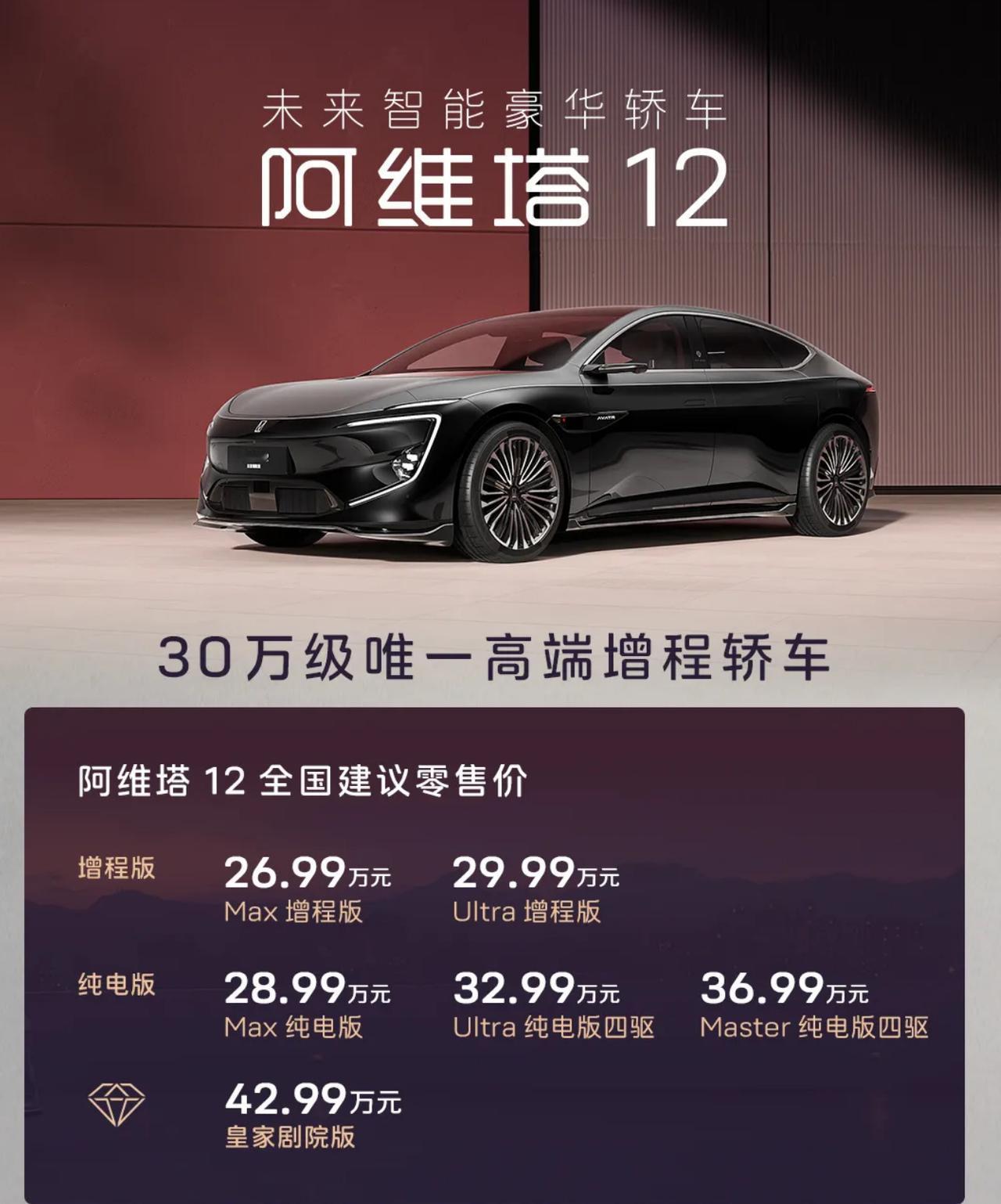 阿维塔12增程版和纯电版改款车型上市，共推出6款车型，售价区间为26.99-42