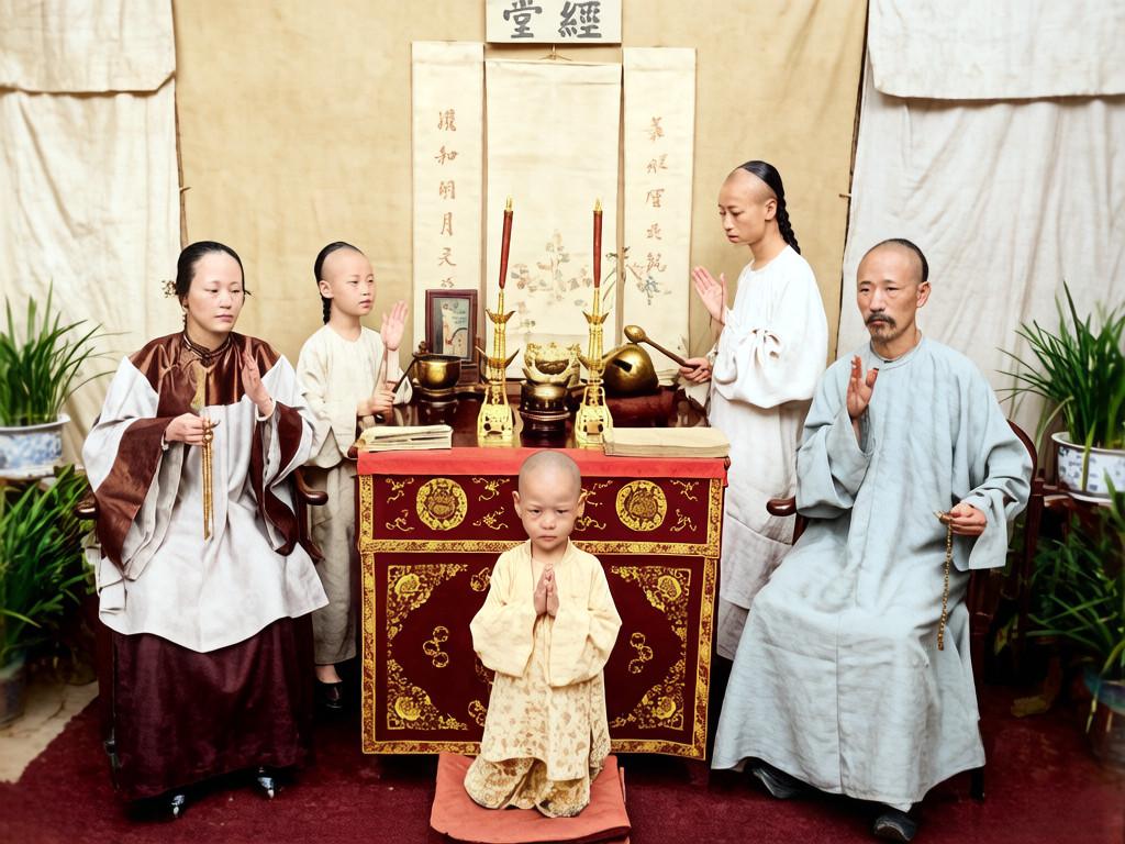 瞧这一家子。唉——

图片为洋人拍摄，原始注释为：祖先祭祀。但呈现的并不是清人祭