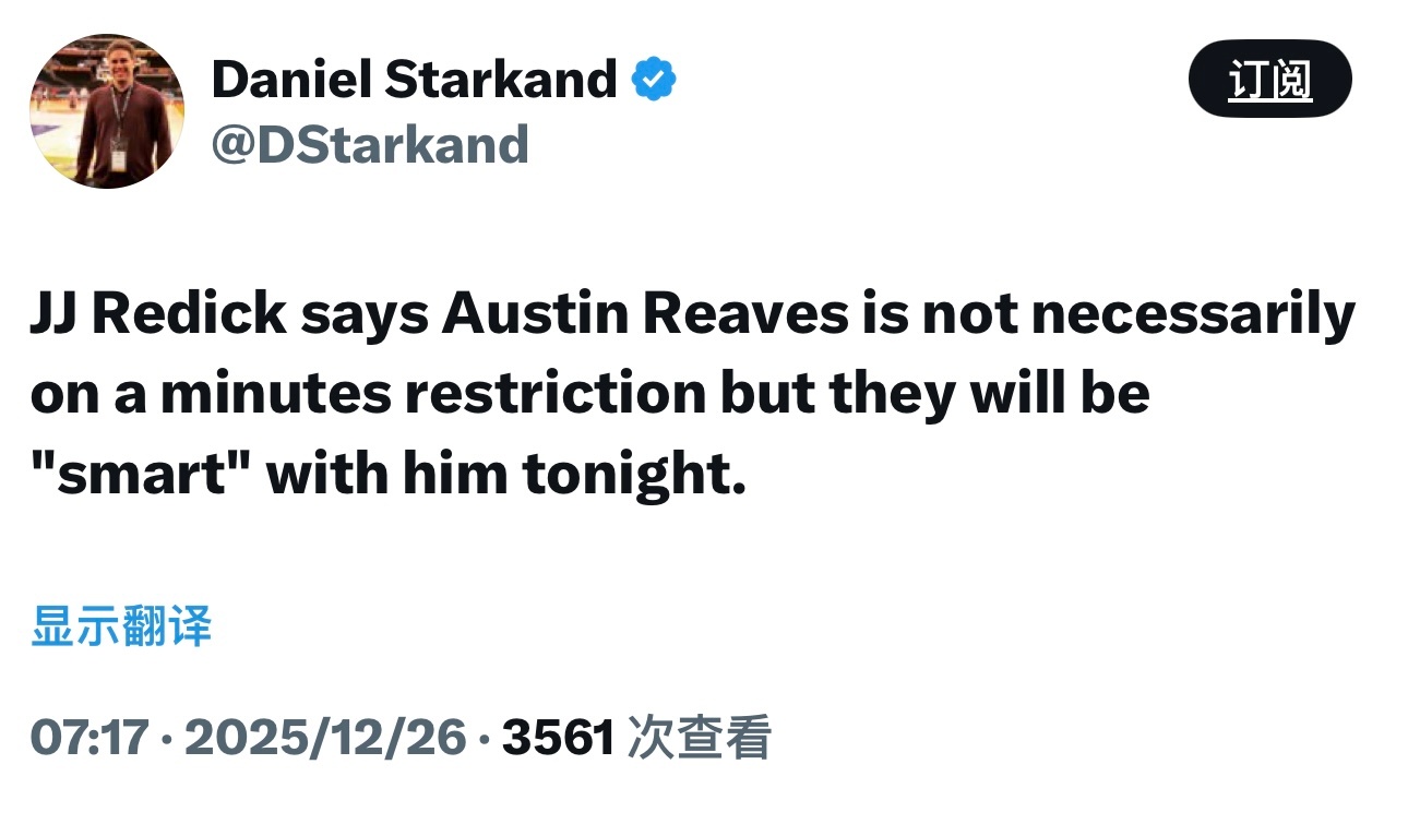 雷迪克说，里夫斯今天重回首发，并且没有时间限制。海斯和文森特缺阵。 