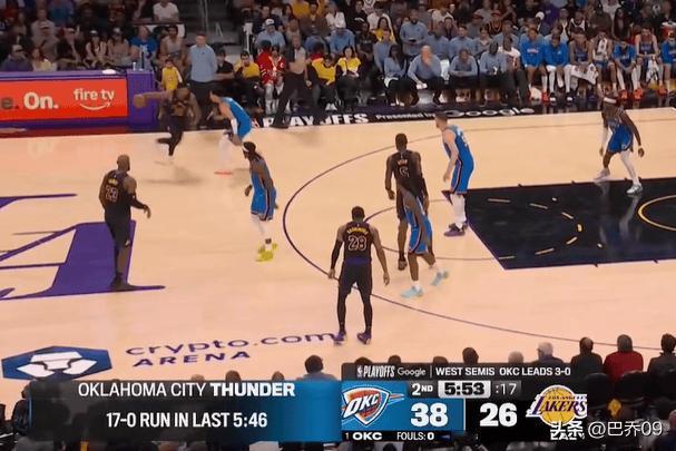 NBA西部半决赛G4，湖人主场对阵雷霆，系列赛0-3落后已无退路。次节开局湖人进