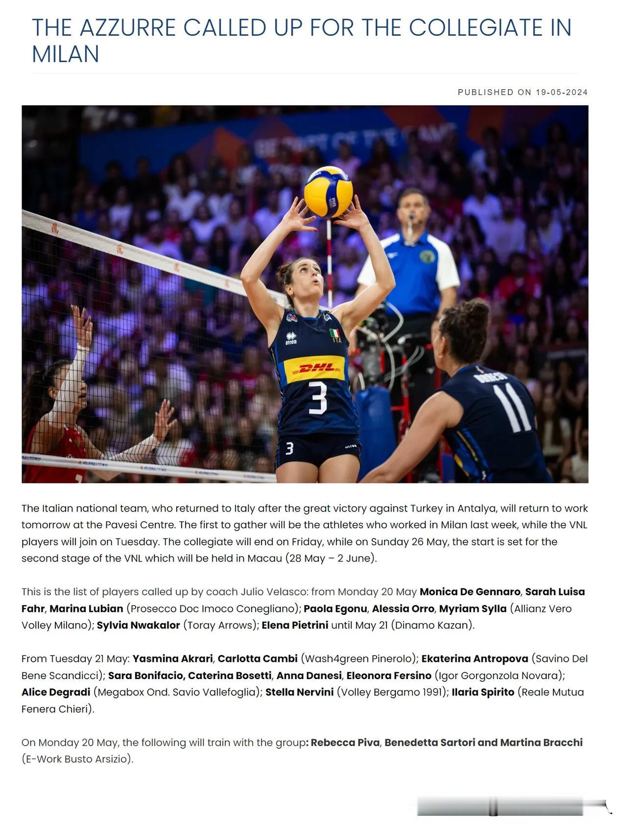 #世界女排2024VNL# 
【🇮🇹意大利女排主力悉数回归、全主力18人备战