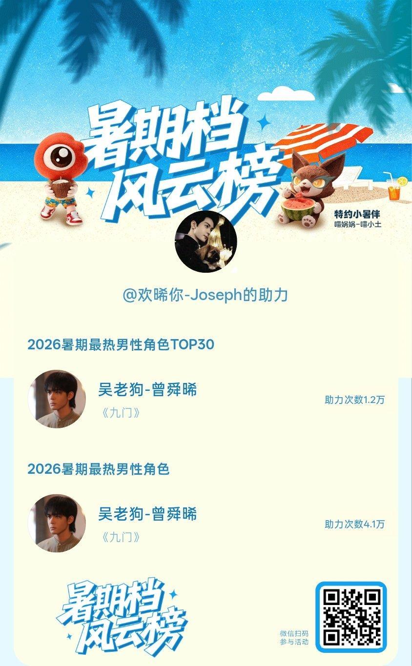 【暑期档风云榜】活动进行中，快来助力他成为今夏最热！2026暑期最热男性角色 暑