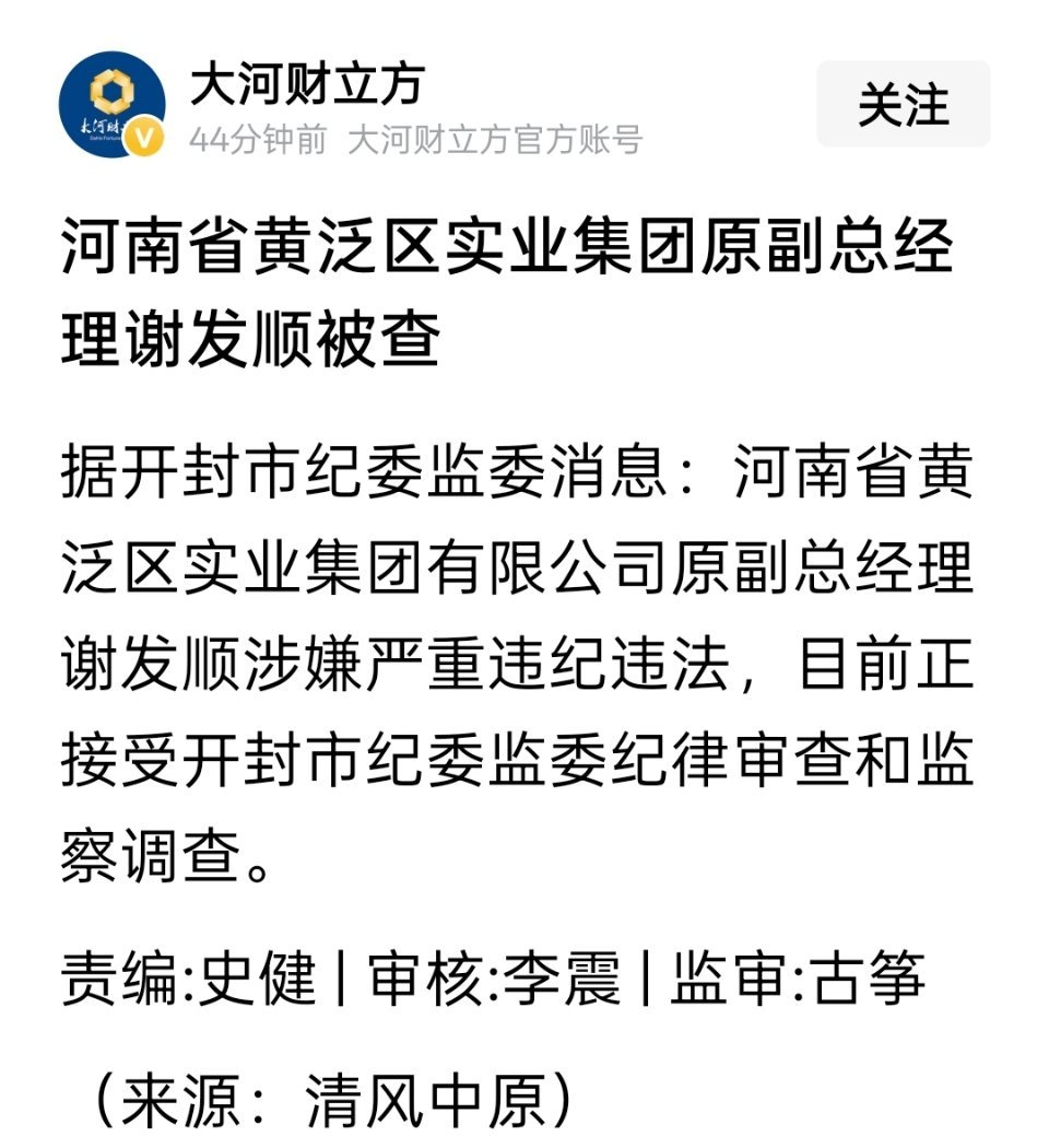 河南省黄泛区实业集团原副总经理谢发顺被查。河南省黄泛区实业集团有限公司（简称：黄