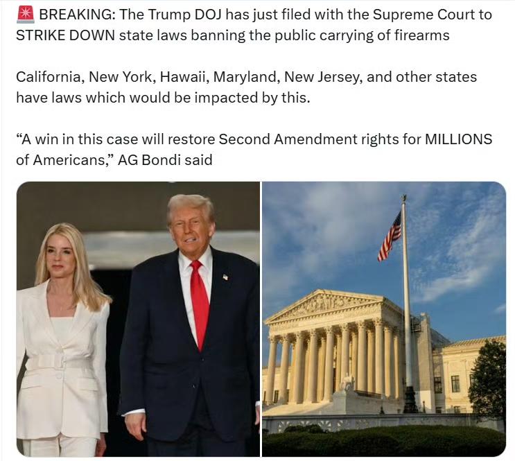 美国司法部向最高法院提交文件，要求推翻各州禁止公开携带枪支的法律。

加利福尼亚