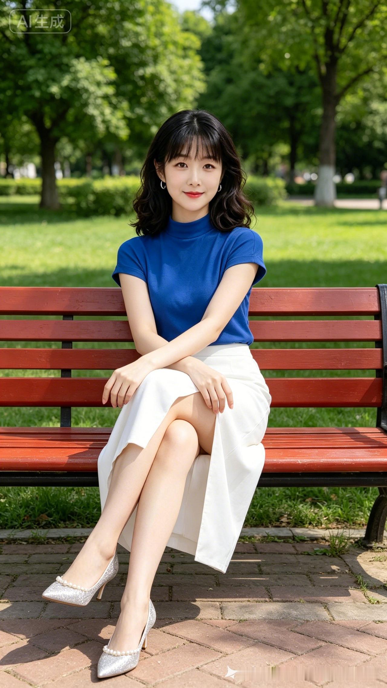卷发白皮女生红口红银饰，宝蓝半高领短袖配白开叉长裙，珍珠银高跟，优雅坐红木长椅，